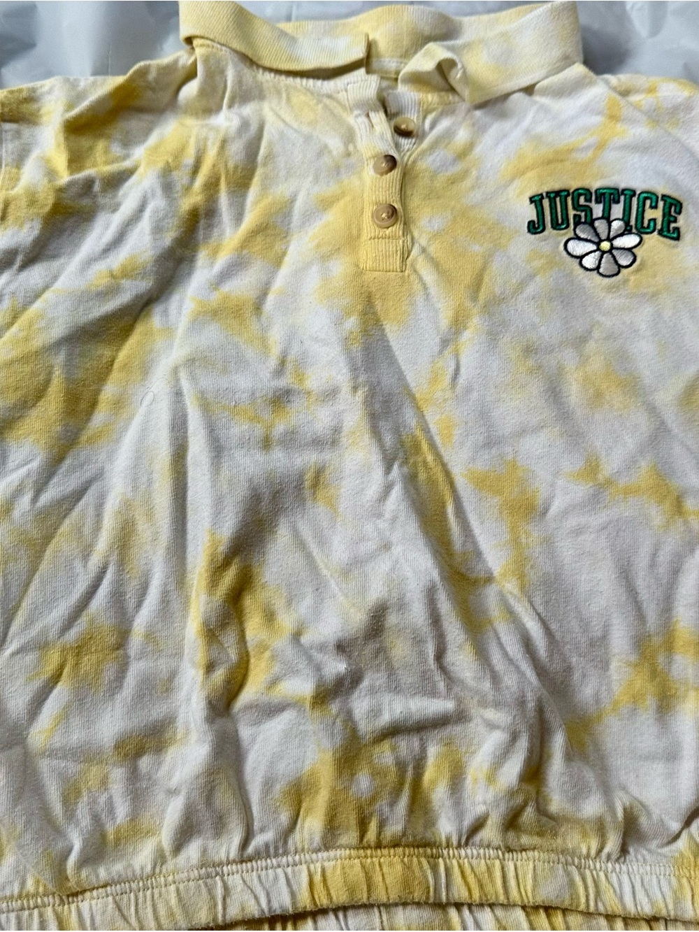 Justice Yellow and White Tie-Dye Polo with Daisy Logo